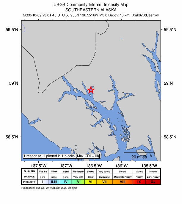 USGS DYFI community-reported intensity map for the M3.0 earthquake near 61 km SSW of Covenant Life, Alaska