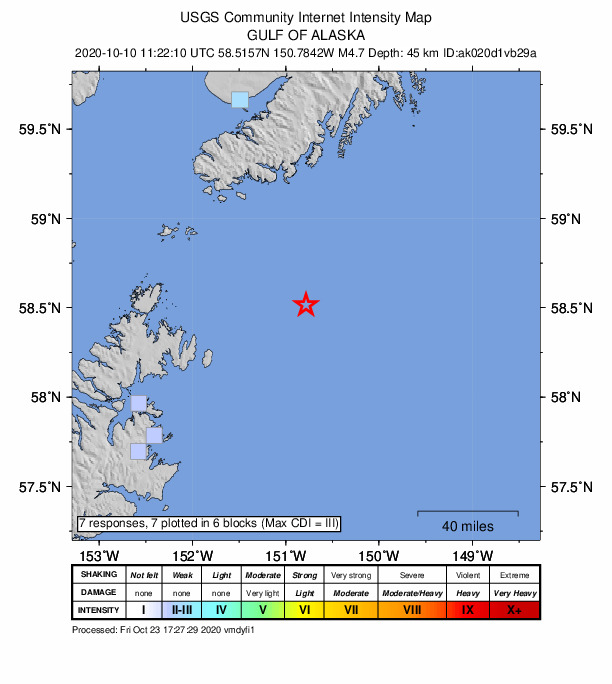 USGS DYFI community-reported intensity map for the M4.7 earthquake near 110 km SSE of Port Graham, Alaska