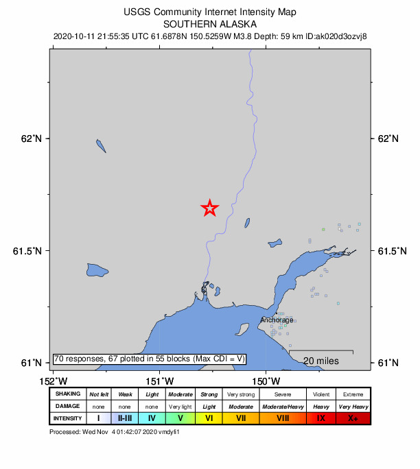 USGS DYFI community-reported intensity map for the M3.8 earthquake near 16 km N of Susitna, Alaska