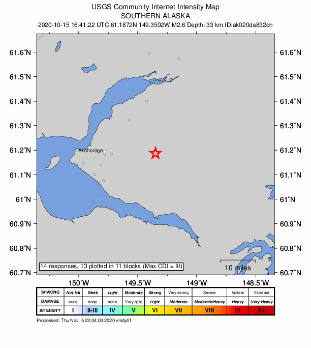 USGS DYFI community-reported intensity map for the M2.6 earthquake near 16 km ESE of Elmendorf Air Force Base, Alaska