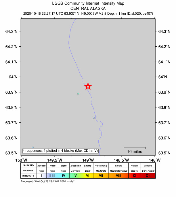 USGS DYFI community-reported intensity map for the M2.8 earthquake near 9 km N of Healy, Alaska