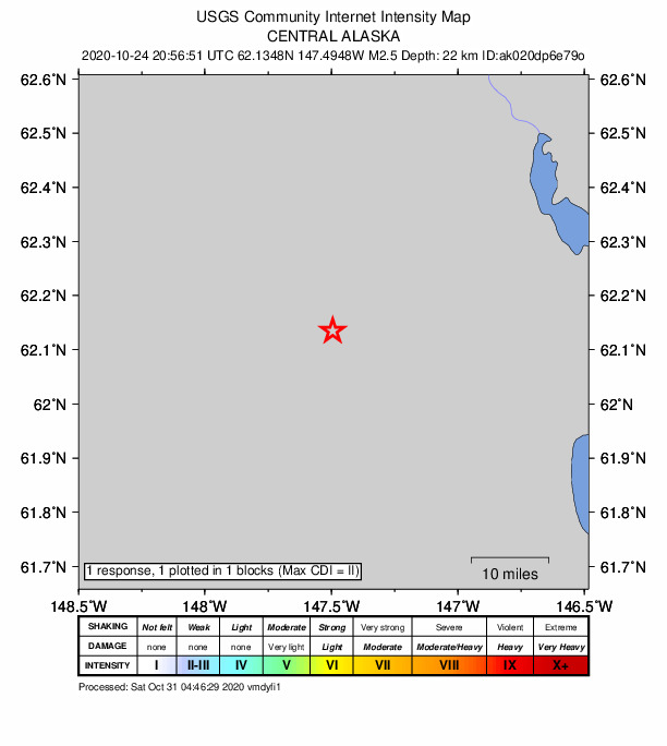 USGS DYFI community-reported intensity map for the M2.5 earthquake near 27 km NW of Eureka Roadhouse, Alaska