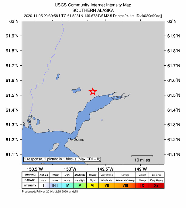 USGS DYFI community-reported intensity map for the M2.5 earthquake near 4 km WNW of Knik-Fairview, Alaska