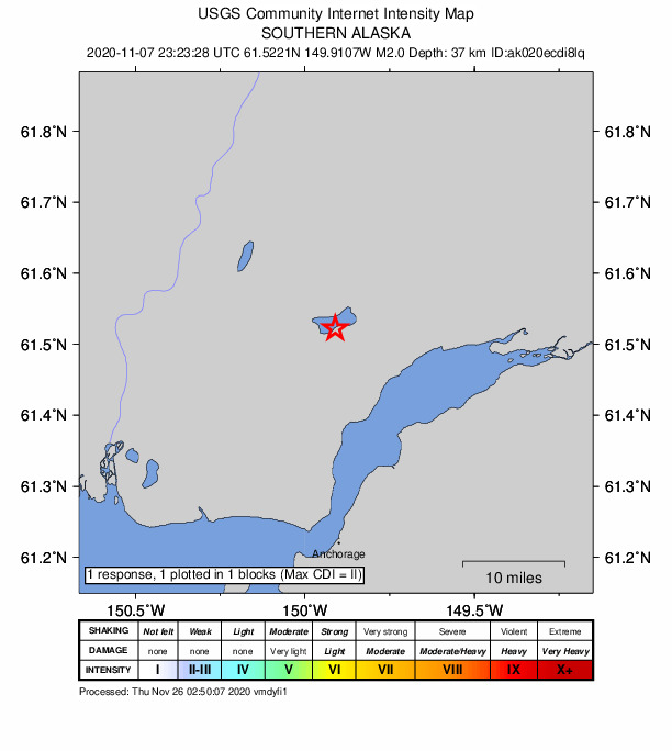 USGS DYFI community-reported intensity map for the M2.0 earthquake near 2 km E of Big Lake, Alaska