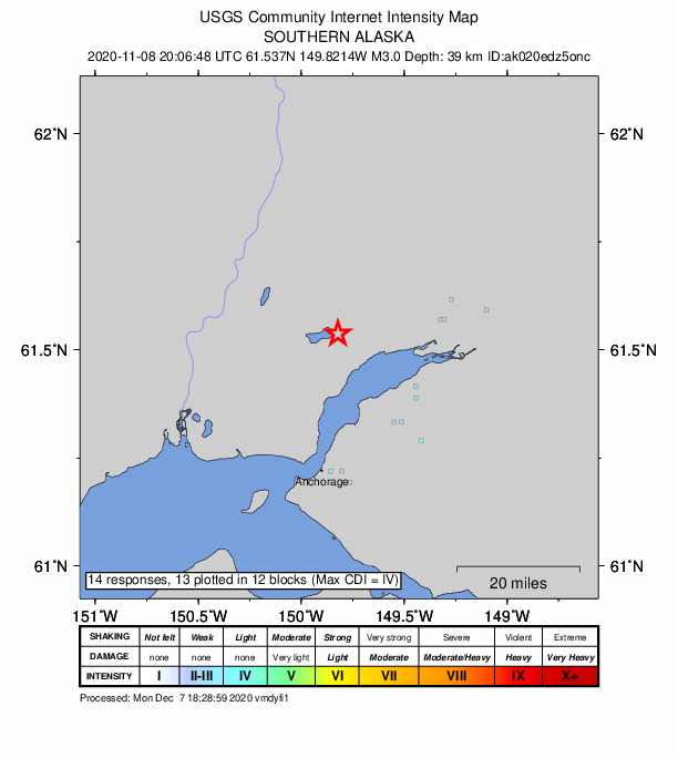 USGS DYFI community-reported intensity map for the M3.0 earthquake near 7 km ENE of Big Lake, Alaska