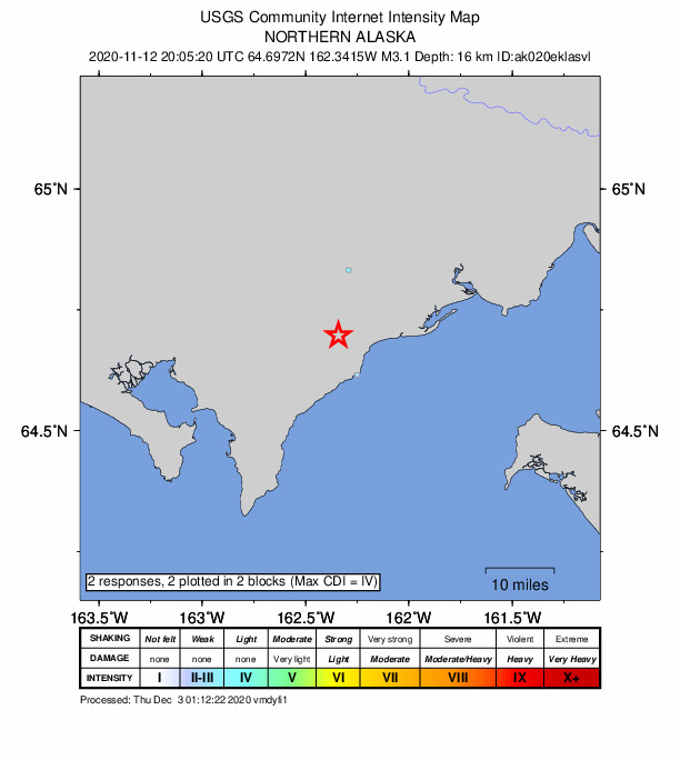 USGS DYFI community-reported intensity map for the M3.1 earthquake near 9 km NNW of Elim, Alaska