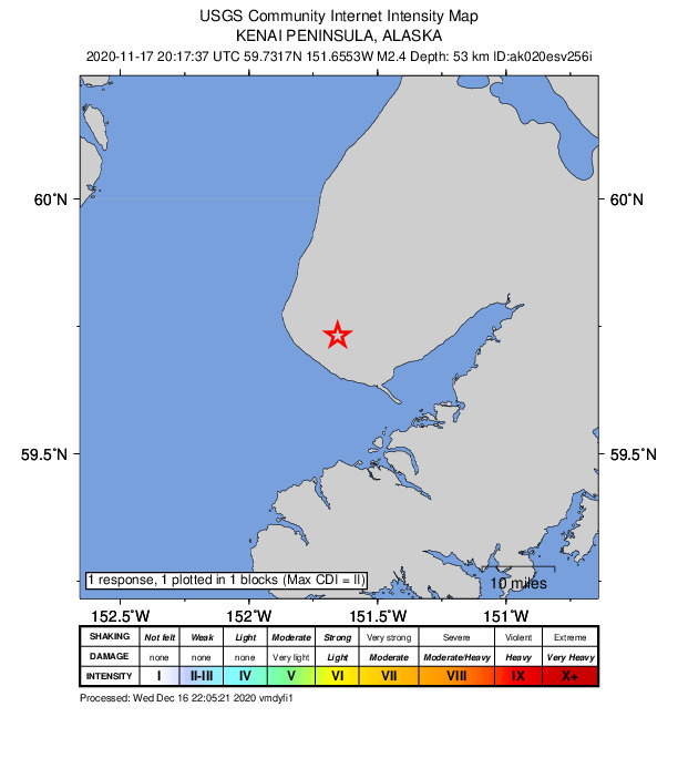 USGS DYFI community-reported intensity map for the M2.4 earthquake near 8 km NW of Diamond Ridge, Alaska