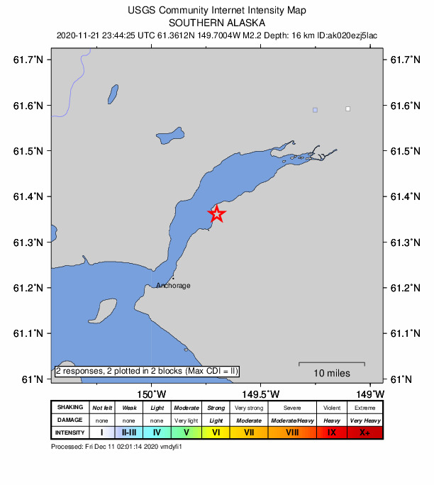 USGS DYFI community-reported intensity map for the M2.2 earthquake near 8 km WNW of Eagle River, Alaska