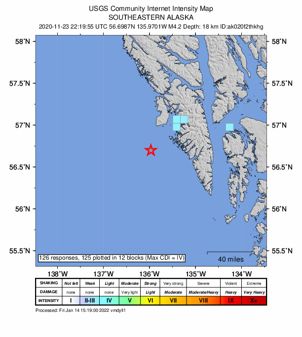 USGS DYFI community-reported intensity map for the M4.2 earthquake near 55 km SW of Sitka, Alaska