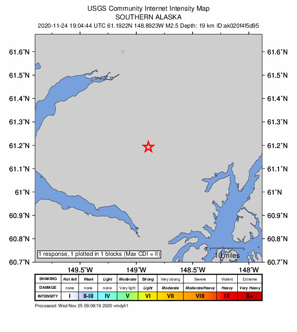 USGS DYFI community-reported intensity map for the M2.3 earthquake near 28 km S of Knik River, Alaska