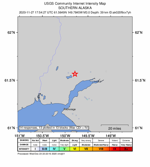 USGS DYFI community-reported intensity map for the M3.0 earthquake near 7 km SSE of Houston, Alaska