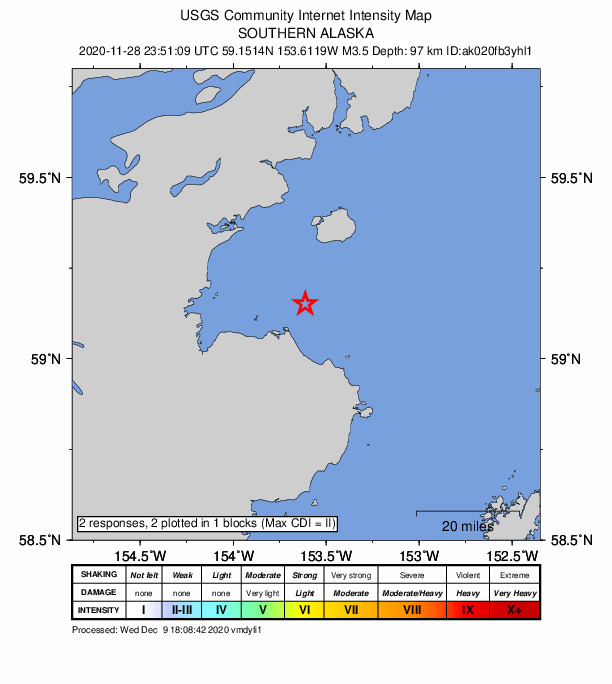USGS DYFI community-reported intensity map for the M3.5 earthquake near 67 km SE of Pope-Vannoy Landing, Alaska