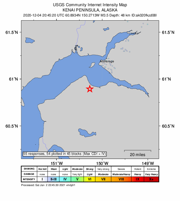 USGS DYFI community-reported intensity map for the M3.5 earthquake near 22 km E of Point Possession, Alaska