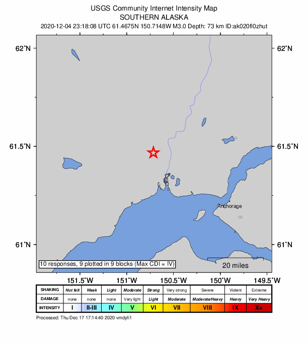 USGS DYFI community-reported intensity map for the M3.0 earthquake near 13 km SW of Susitna, Alaska