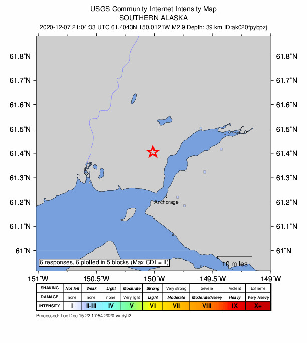 USGS DYFI community-reported intensity map for the M2.9 earthquake near 5 km NNW of Point MacKenzie, Alaska