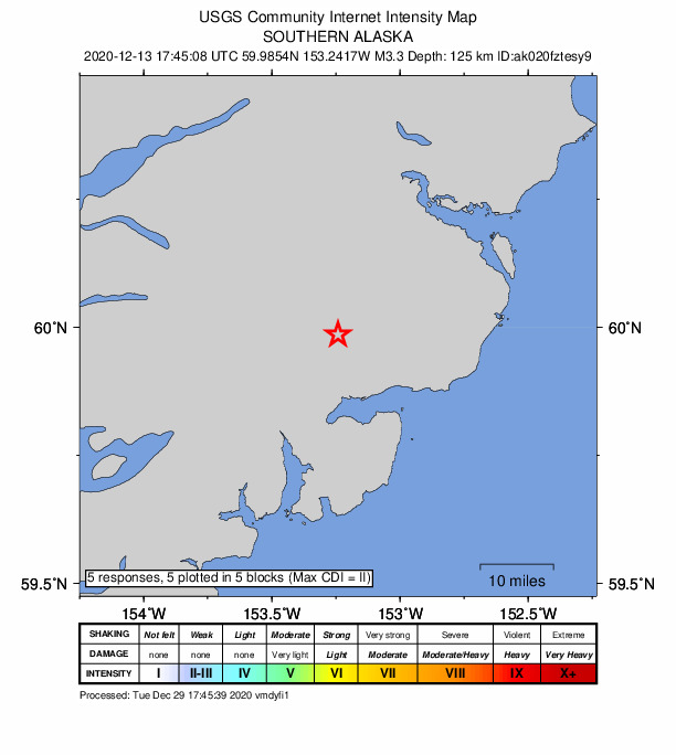USGS DYFI community-reported intensity map for the M3.3 earthquake near 53 km ENE of Pedro Bay, Alaska