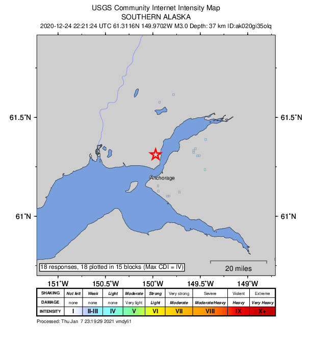 USGS DYFI community-reported intensity map for the M3.0 earthquake near 5 km S of Point MacKenzie, Alaska