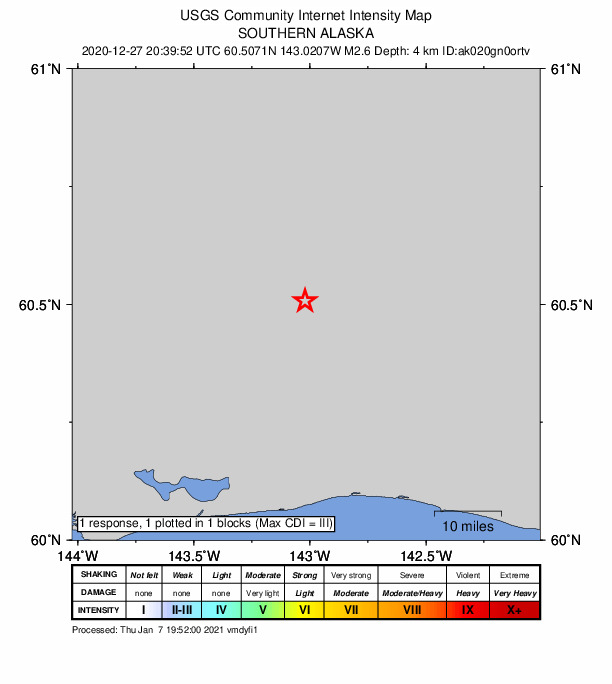USGS DYFI community-reported intensity map for the M2.6 earthquake near 103 km S of McCarthy, Alaska