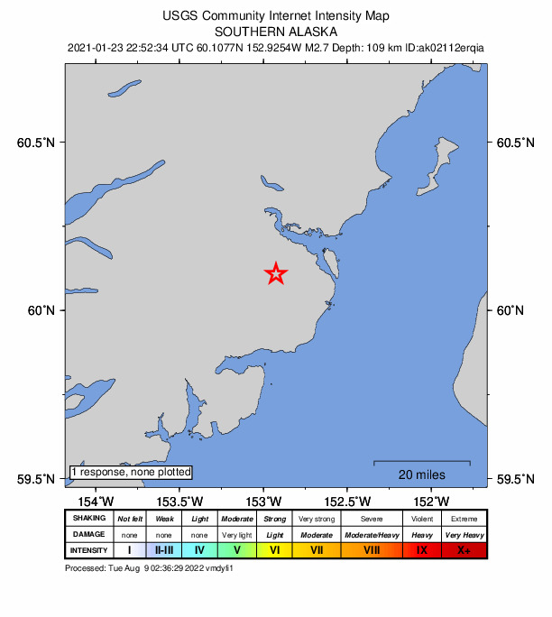 USGS DYFI community-reported intensity map for the M2.7 earthquake near 68 km WNW of Happy Valley, Alaska