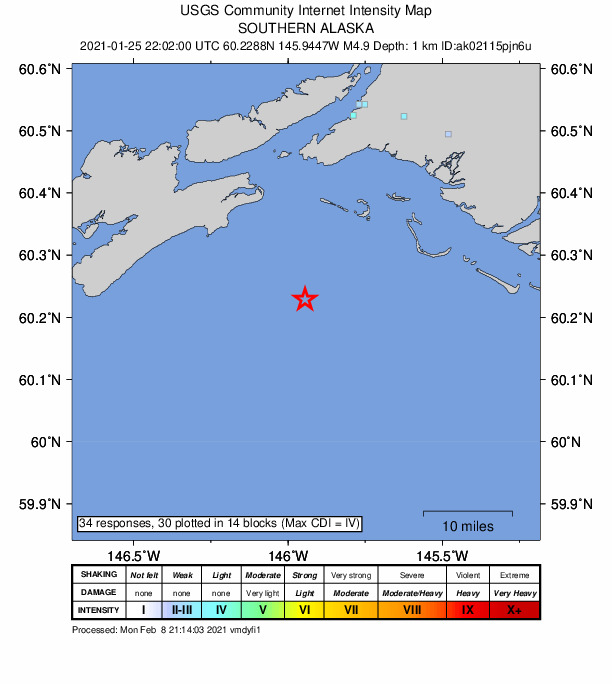 USGS DYFI community-reported intensity map for the M4.9 earthquake near 36 km SSW of Cordova, Alaska
