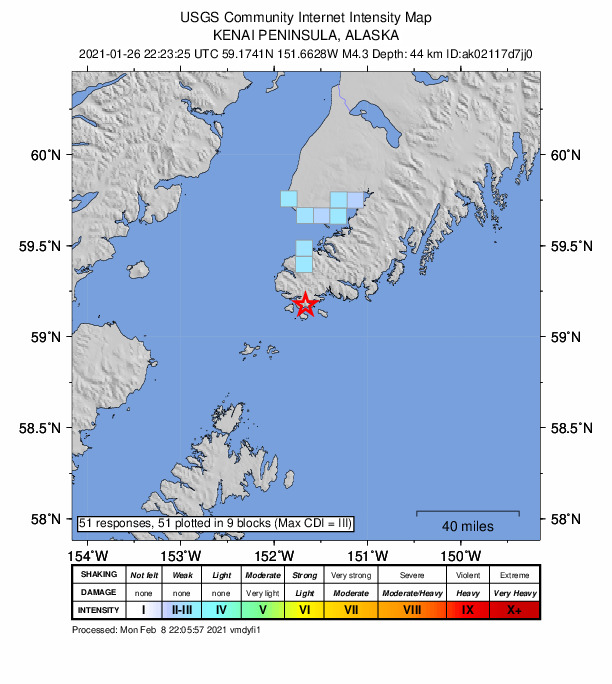 USGS DYFI community-reported intensity map for the M4.3 earthquake near 21 km SSE of Port Graham, Alaska