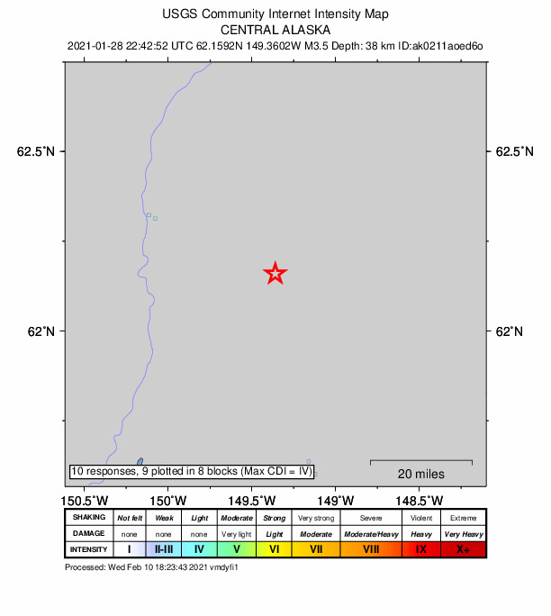 USGS DYFI community-reported intensity map for the M3.5 earthquake near 25 km E of Susitna North, Alaska