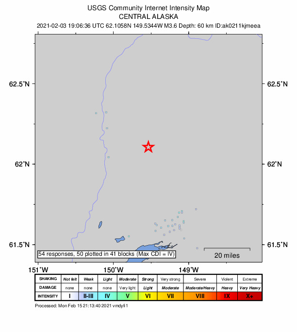 USGS DYFI community-reported intensity map for the M3.6 earthquake near 17 km ESE of Susitna North, Alaska