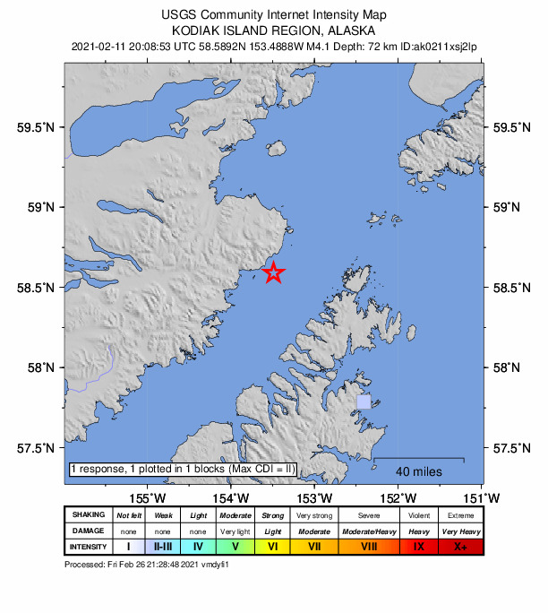 USGS DYFI community-reported intensity map for the M4.1 earthquake near 68 km NNW of Aleneva, Alaska