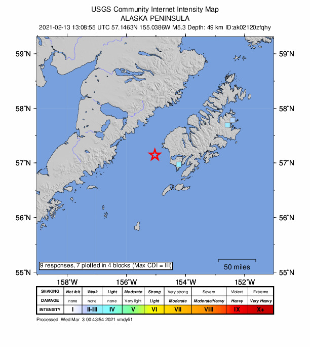 USGS DYFI community-reported intensity map for the M5.3 earthquake near 57 km WNW of Akhiok, Alaska