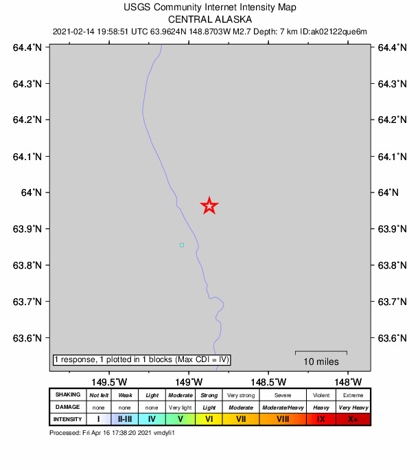 USGS DYFI community-reported intensity map for the M2.7 earthquake near 12 km NNE of Healy, Alaska