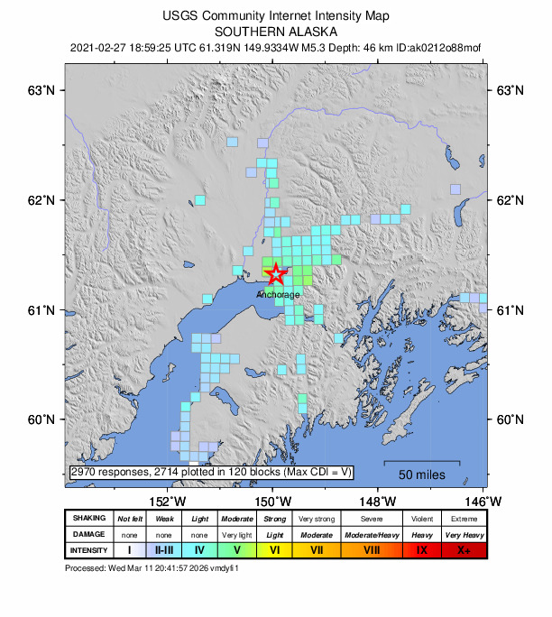 USGS DYFI community-reported intensity map for the M5.3 earthquake near 5 km SSE of Point MacKenzie, Alaska