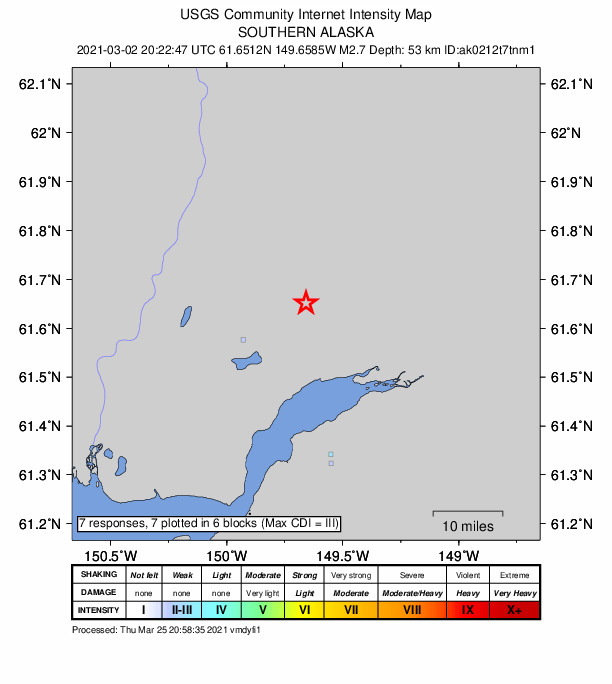USGS DYFI community-reported intensity map for the M2.7 earthquake near 4 km NW of Meadow Lakes, Alaska