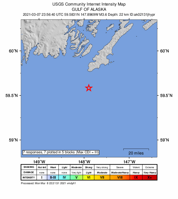 USGS DYFI community-reported intensity map for the M3.6 earthquake near 54 km S of Chenega, Alaska