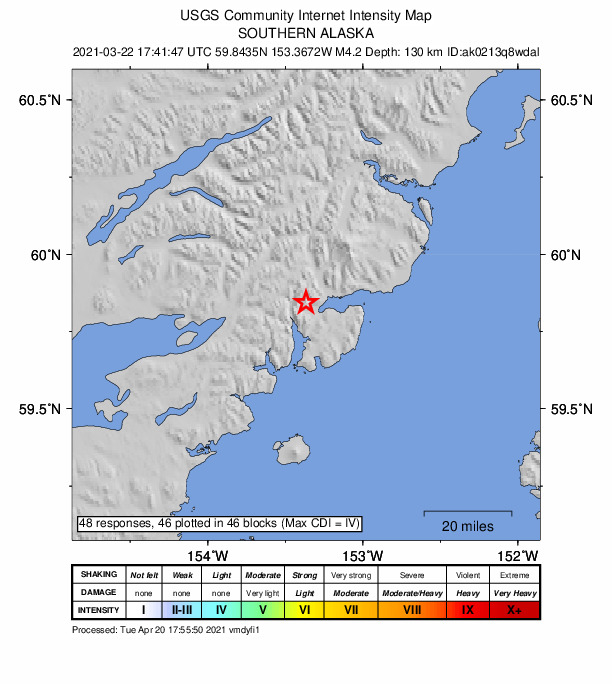 USGS DYFI community-reported intensity map for the M4.2 earthquake near 41 km E of Pedro Bay, Alaska