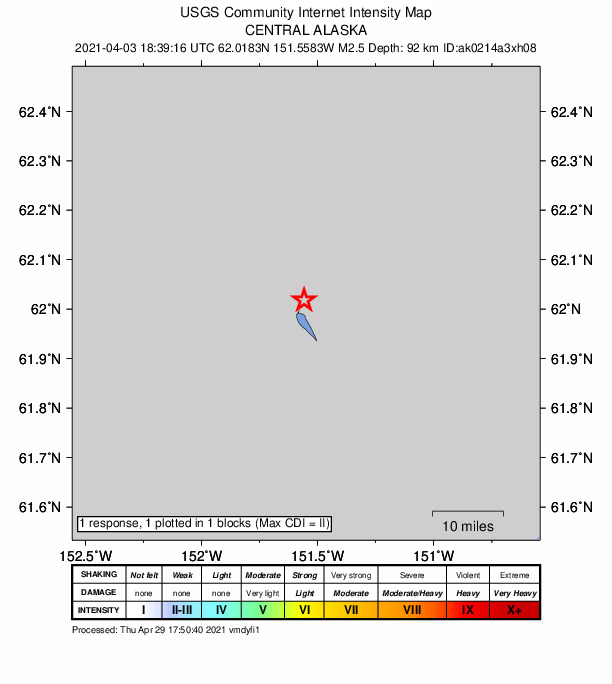 USGS DYFI community-reported intensity map for the M2.5 earthquake near 8 km WNW of Skwentna, Alaska