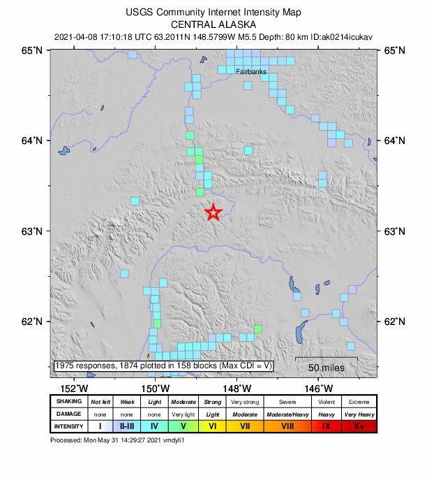 USGS DYFI community-reported intensity map for the M5.5 earthquake near 28 km SE of Cantwell, Alaska