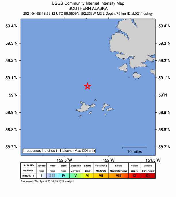 USGS DYFI community-reported intensity map for the M2.1 earthquake near 44 km SSW of Nanwalek, Alaska