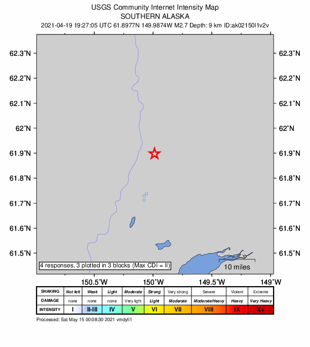 USGS DYFI community-reported intensity map for the M2.7 earthquake near 16 km N of Willow, Alaska