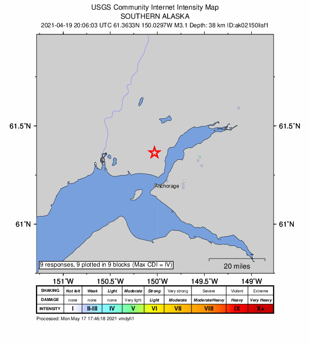 USGS DYFI community-reported intensity map for the M3.1 earthquake near 2 km W of Point MacKenzie, Alaska