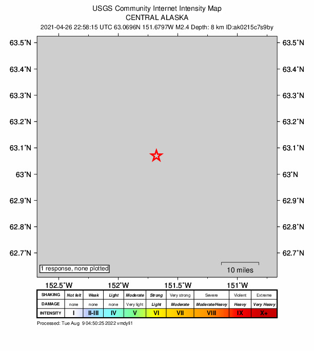 USGS DYFI community-reported intensity map for the M2.4 earthquake near 52 km S of Denali National Park, Alaska
