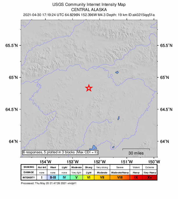 USGS DYFI community-reported intensity map for the M4.3 earthquake near 40 km SSW of Tanana, Alaska