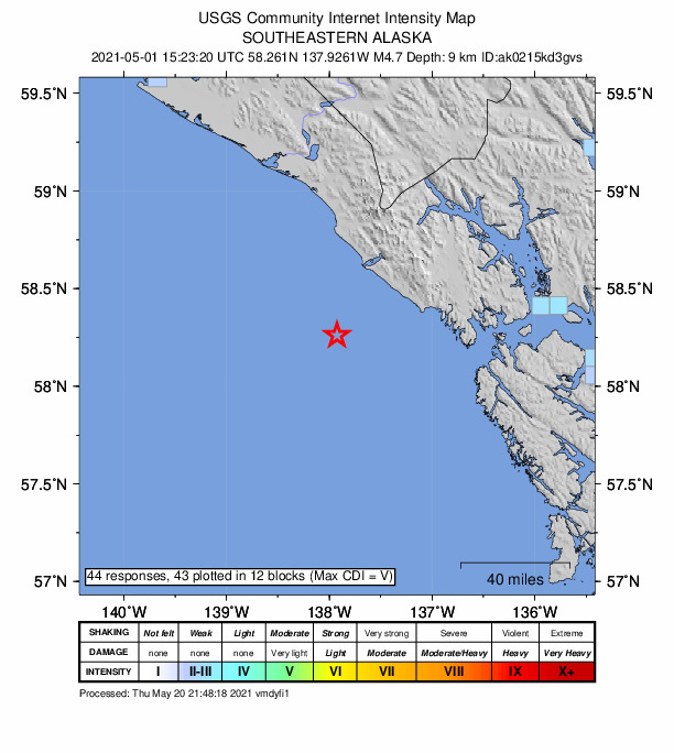 USGS DYFI community-reported intensity map for the M4.7 earthquake near 93 km W of Elfin Cove, Alaska