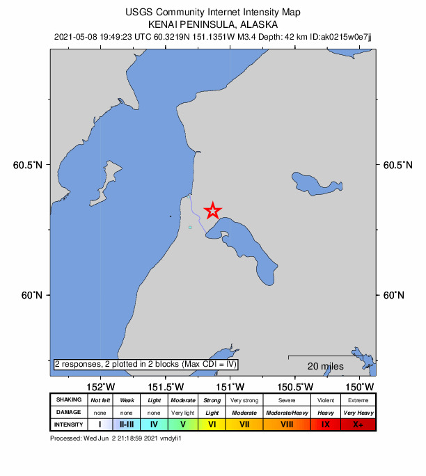 USGS DYFI community-reported intensity map for the M3.4 earthquake near 7 km ESE of Kasilof, Alaska