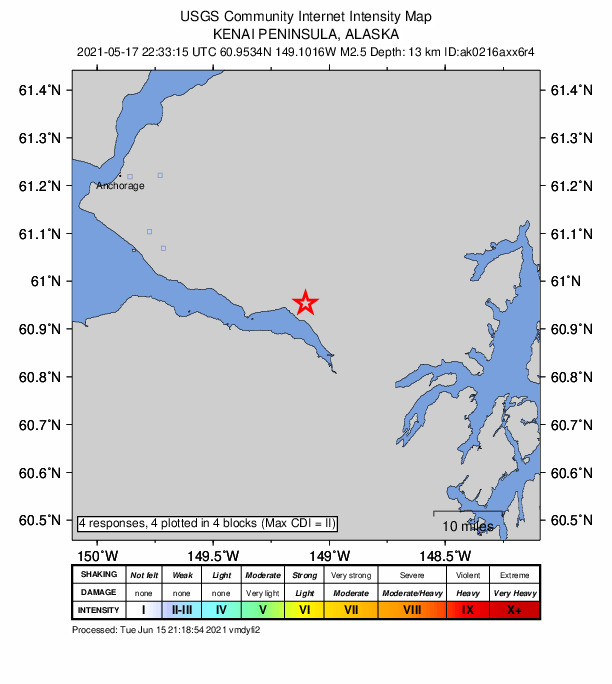 USGS DYFI community-reported intensity map for the M2.5 earthquake near 3 km ENE of Girdwood, Alaska