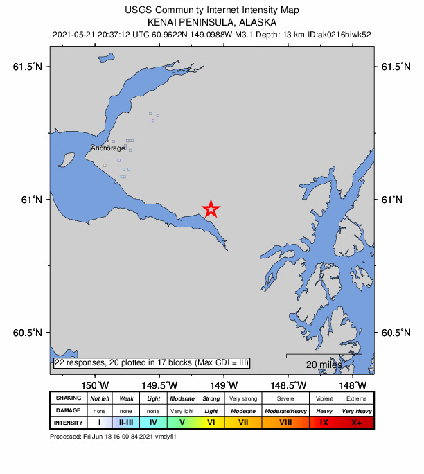 USGS DYFI community-reported intensity map for the M3.1 earthquake near 4 km ENE of Girdwood, Alaska