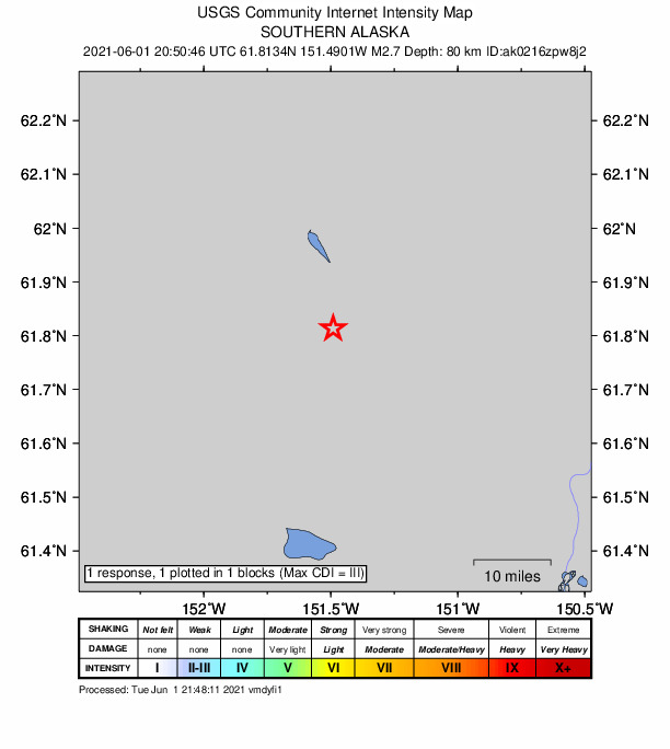 USGS DYFI community-reported intensity map for the M2.7 earthquake near 20 km SSW of Skwentna, Alaska