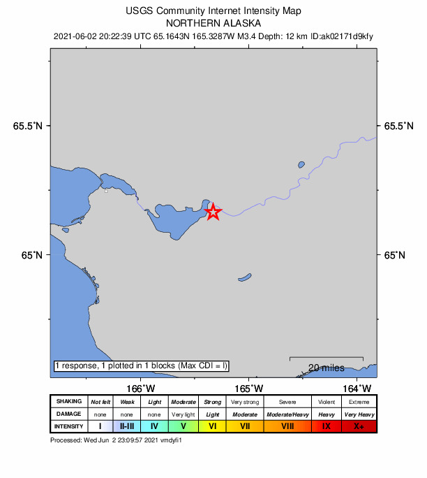 USGS DYFI community-reported intensity map for the M3.4 earthquake near 49 km ESE of Teller, Alaska