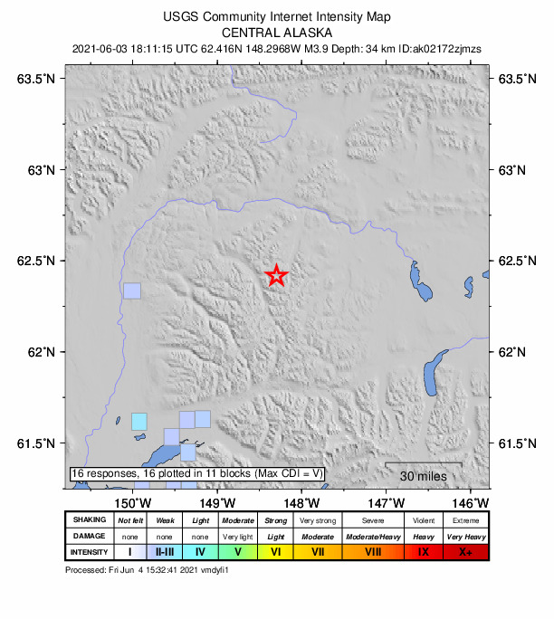 USGS DYFI community-reported intensity map for the M3.9 earthquake near 69 km N of Chickaloon, Alaska