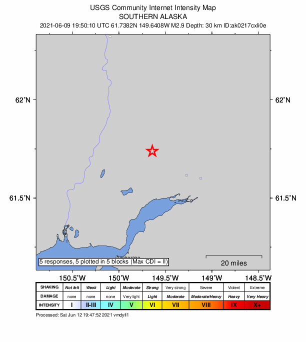 USGS DYFI community-reported intensity map for the M2.9 earthquake near 12 km N of Meadow Lakes, Alaska