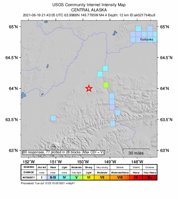 USGS DYFI community-reported intensity map for the M4.4 earthquake near 32 km W of Ferry, Alaska